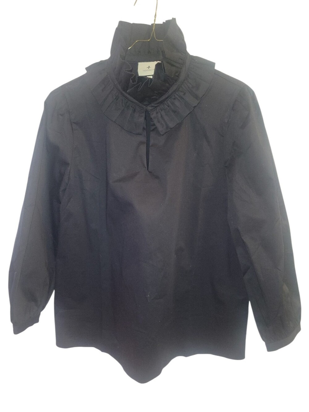 Tuckernuck Womens Black Ruffle High Collar Bouvier Front Cut Out Blouse L